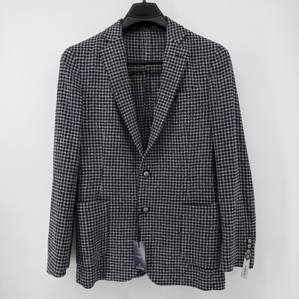 Stafford Mens Classic Fit Navy Check seasonal Sport Coat Blazer Jacket 46L Long